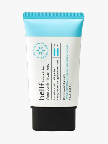 Belif Aqua Bomb Frozen Cream in branded tube component on a light gray background